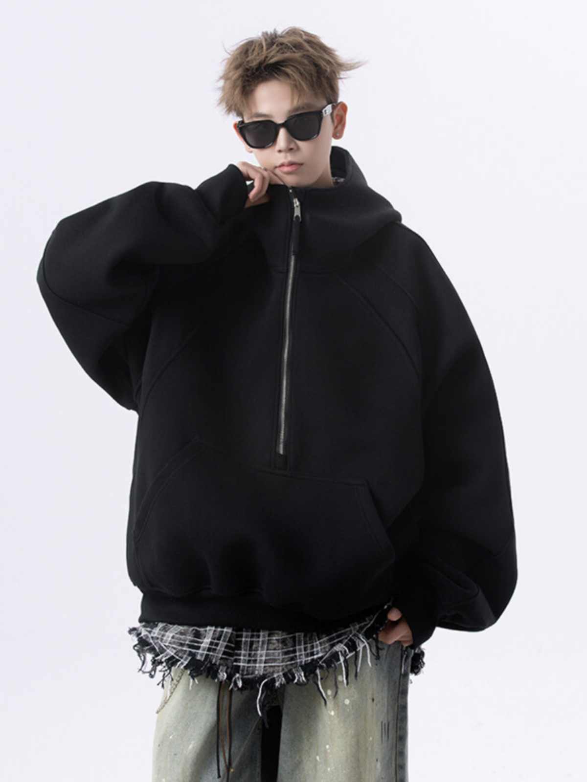 Loose Cropped Hoodie with Half Zipper