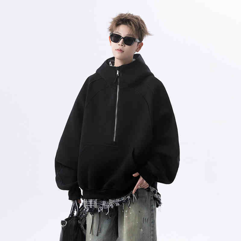 Loose Cropped Hoodie with Half Zipper