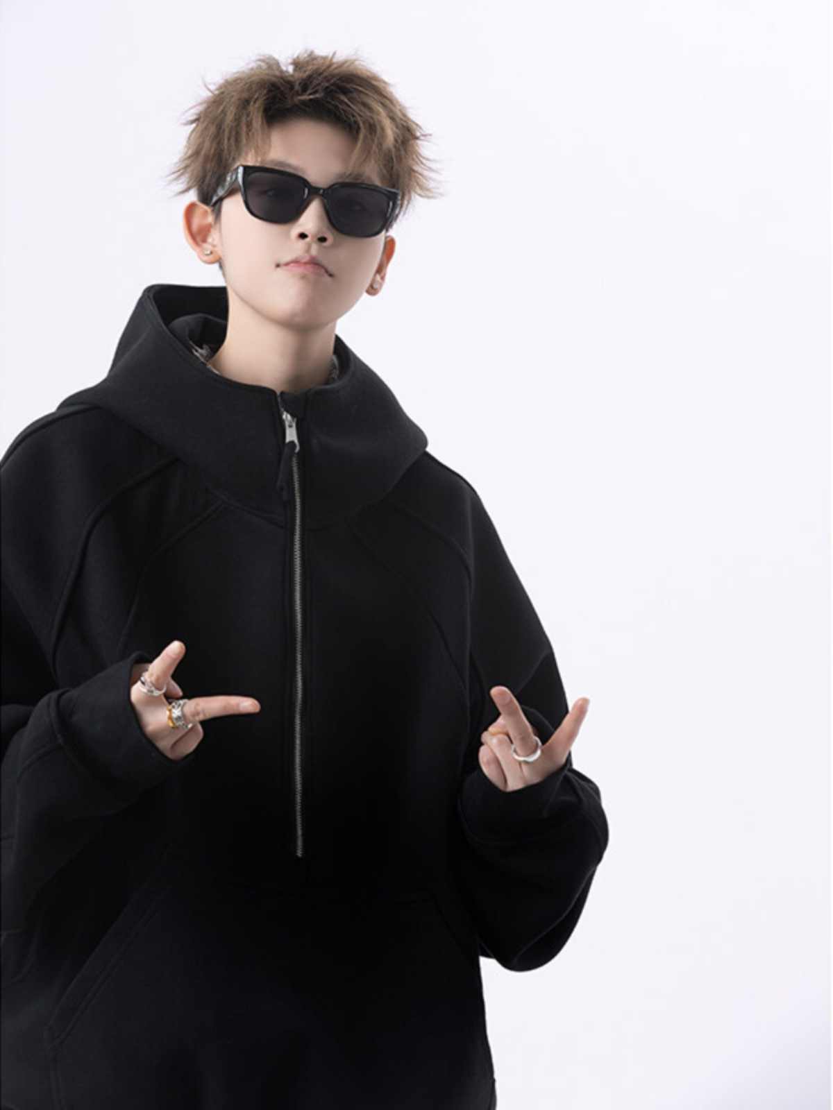 Loose Cropped Hoodie with Half Zipper