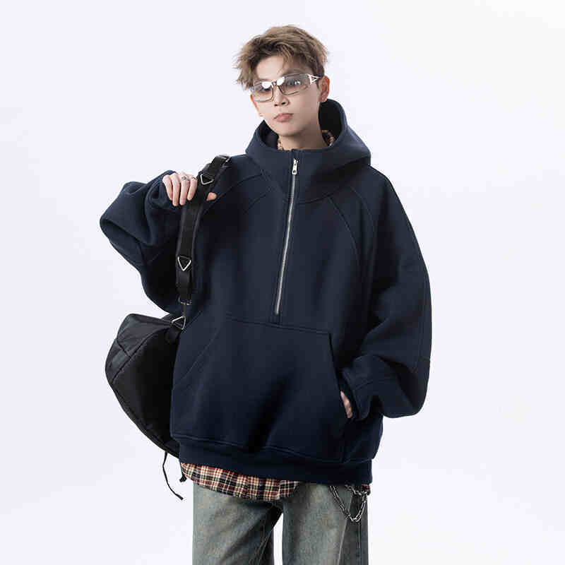 Loose Cropped Hoodie with Half Zipper
